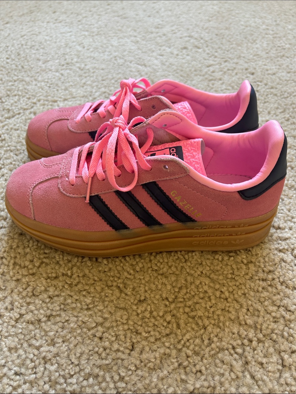 adidas Gazelle Bold Pink Suede Platform Sneakers with Navy Stripes